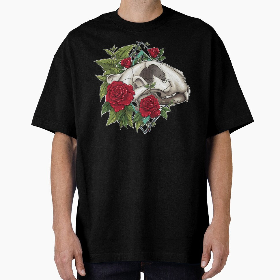 This Rose Has Thorns (on Black) | Tiger Skull Design | Skull and Botanicals Illustration by Karli Mogen