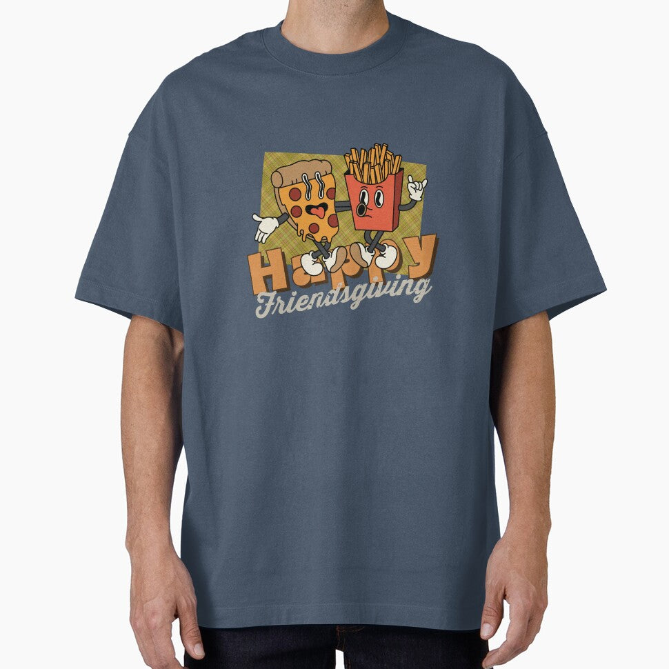 Autumn vibe Happy Friendsgiving Retro Cartoon Pizza and French fries by VieBelieve