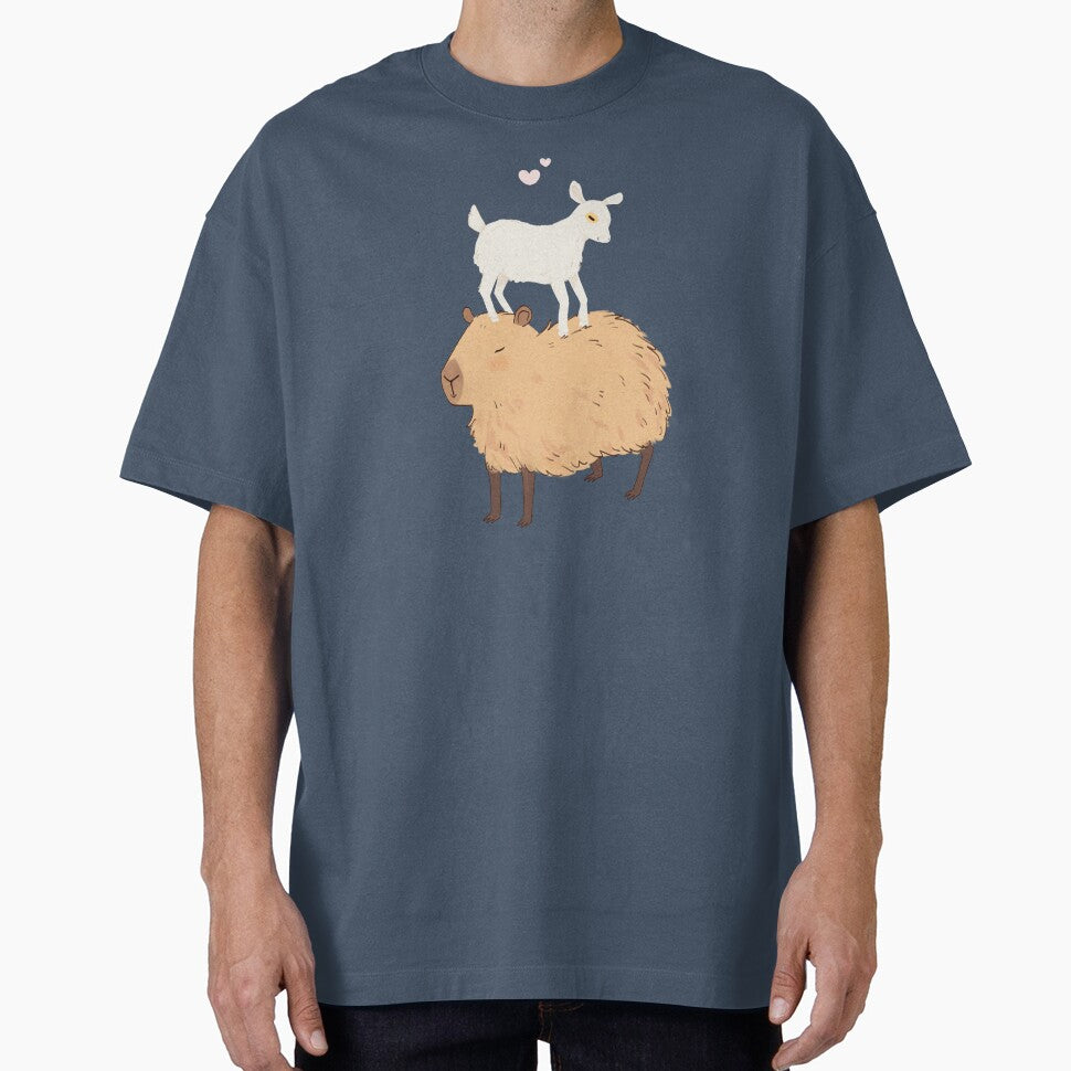 Capybara with a baby goat friend standing on its head - a cute cartoon capybara illustration pink version by Yarafantasyart