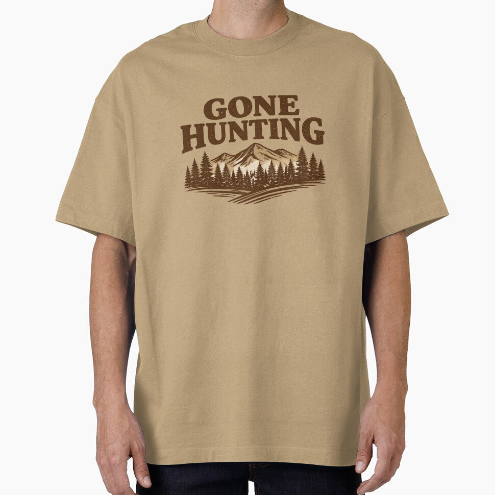 Gone Hunting Mountain Scene – Rustic Outdoor Typography Design by EastEndTownie