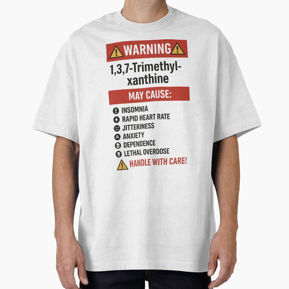 Caffeine Warning Poster – 1,3,7-Trimethylxanthine Side Effects (Funny Chemistry Art) by CyberArtistOne