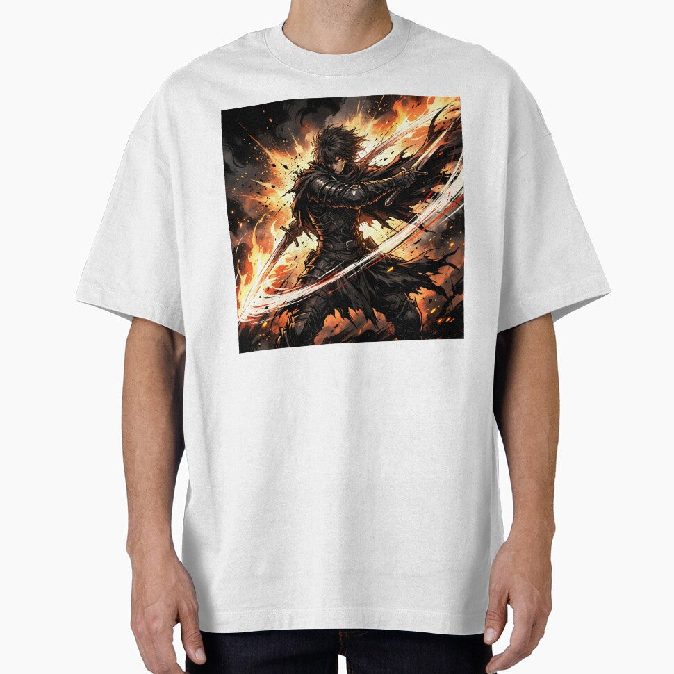 Dark Fantasy Anime Swordsman – Fire Slash Warrior Action Art by AbstractAuraArt