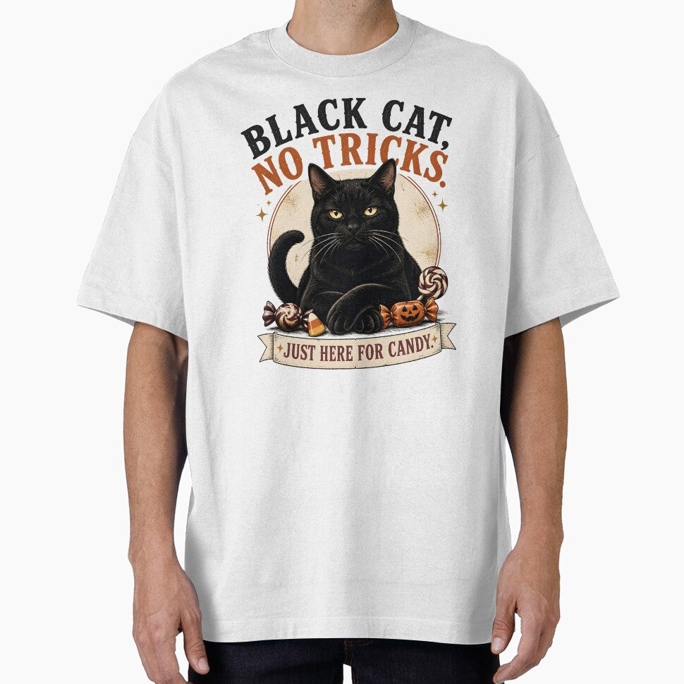 BLACK CAT, NO TRICKS Just Here for Candy Halloween Vintage Screen Print by BernoNickel