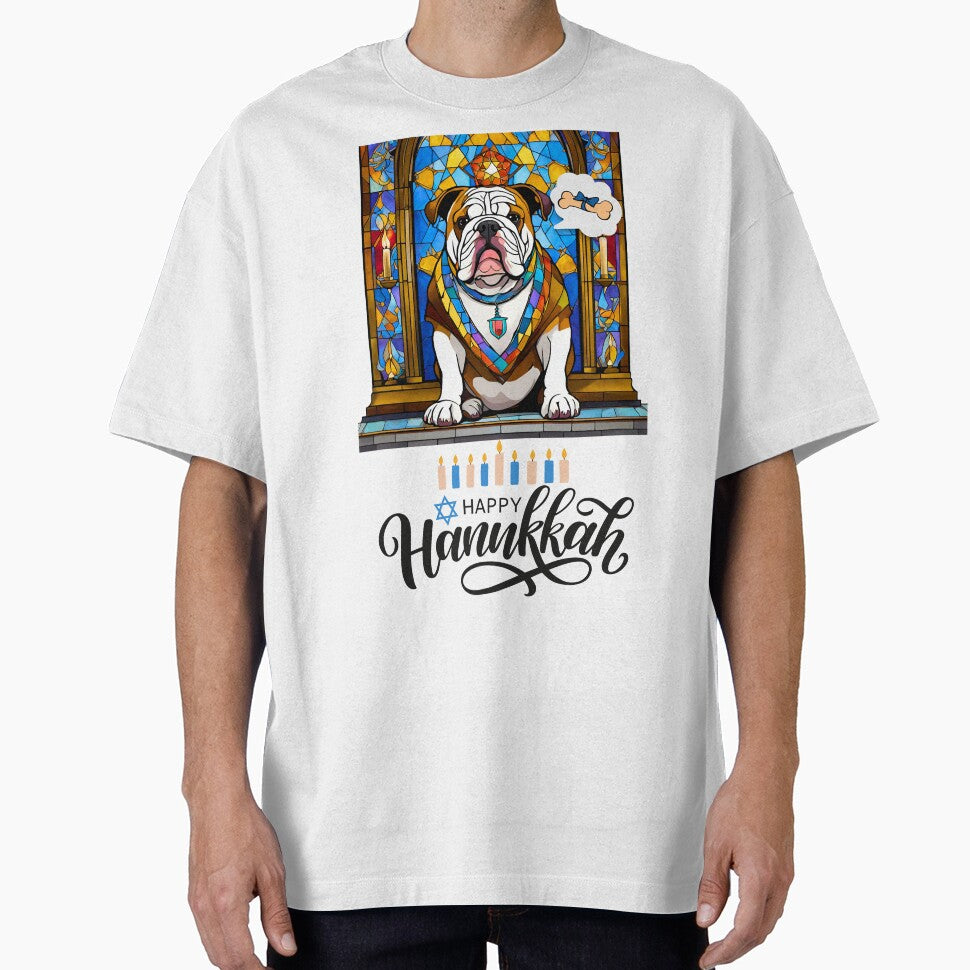 Happy Hanukkah English Bulldog – Stained Glass Menorah Art for Dog Lovers by Fredster1966