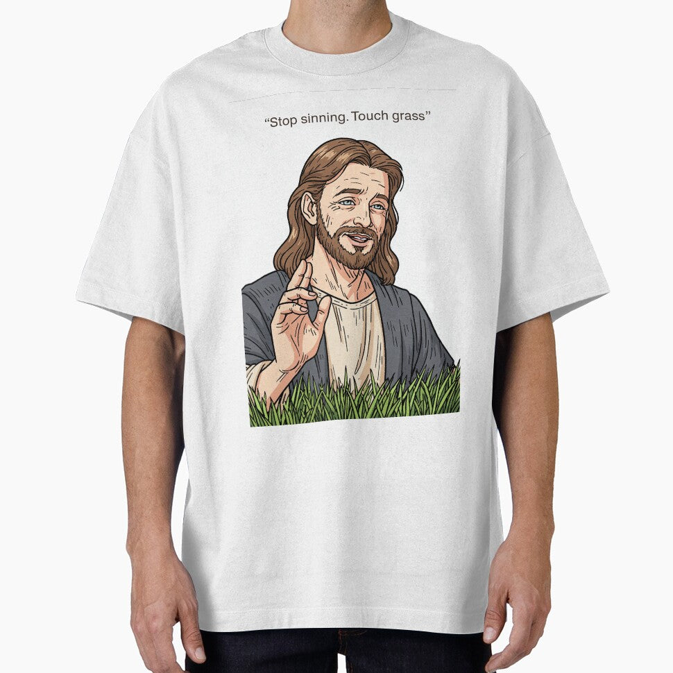 Stop Sinning Touch Grass Jesus Looking Down by Piotrek0001