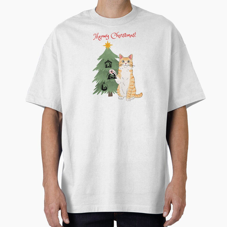 Meowy Christmas Orange Cat with Nativity Christmas Tree by MYCatStuff