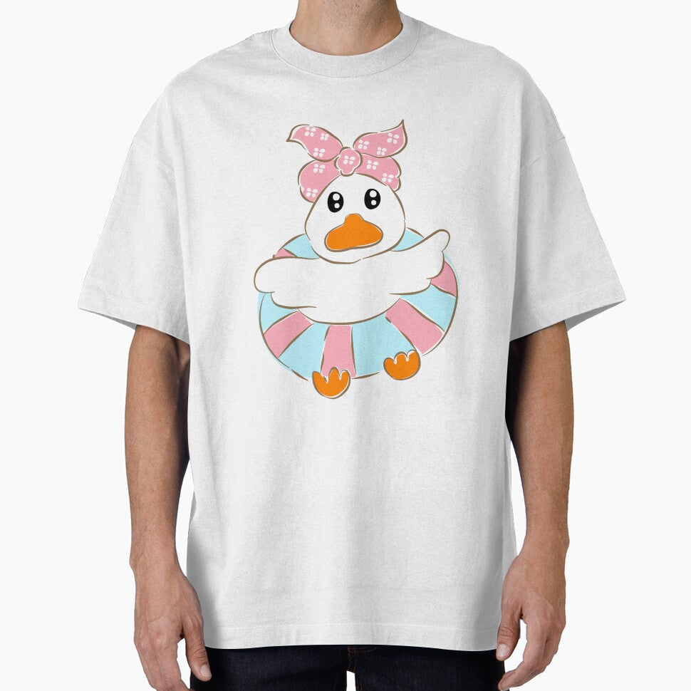White duck wearing pink floral swim float vector by Pe.peach