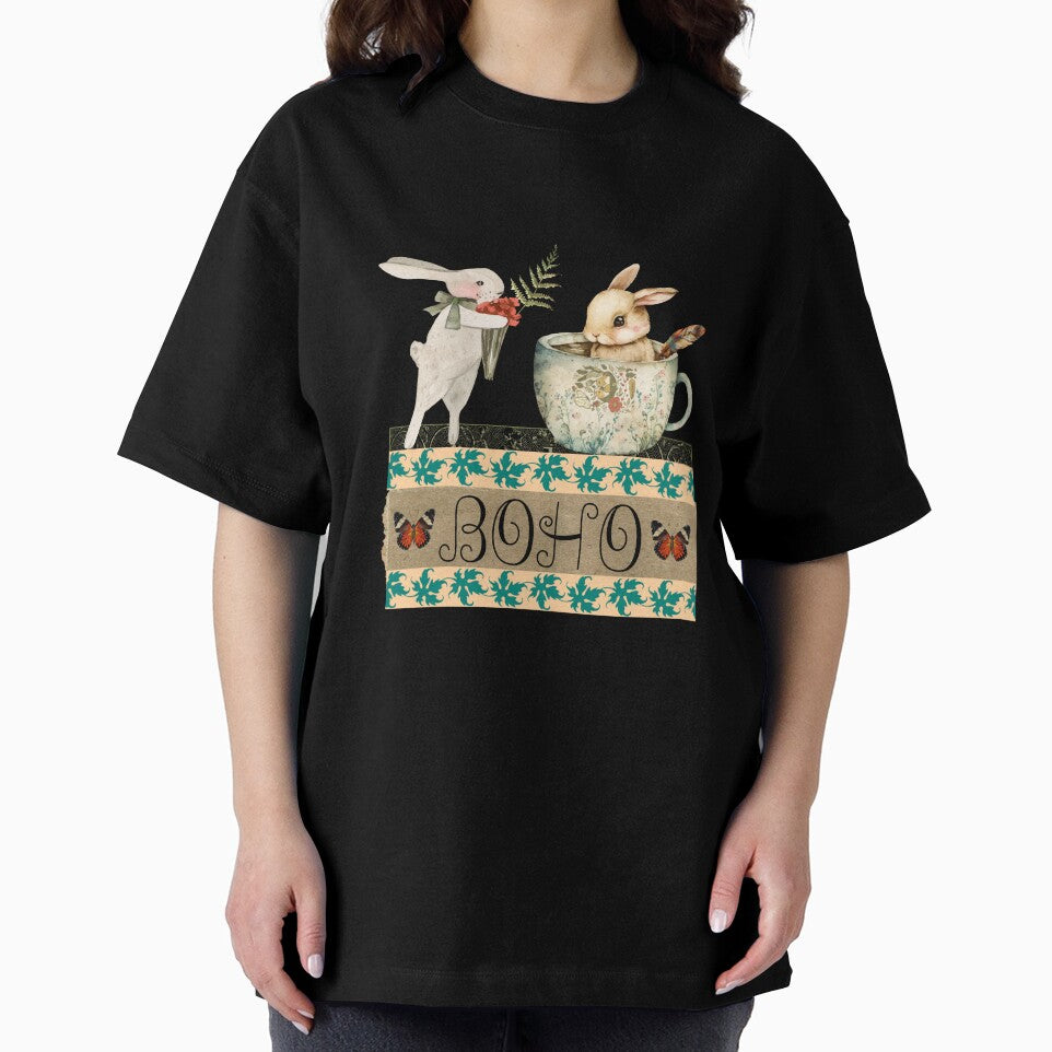 Elegant Boho Rabbit Tea Cup Collage T-Shirt - BOHO by GorinART
