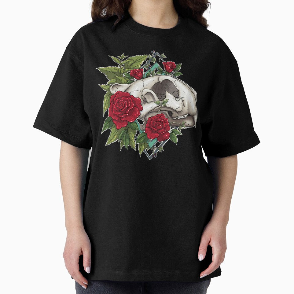 This Rose Has Thorns (on Black) | Tiger Skull Design | Skull and Botanicals Illustration by Karli Mogen