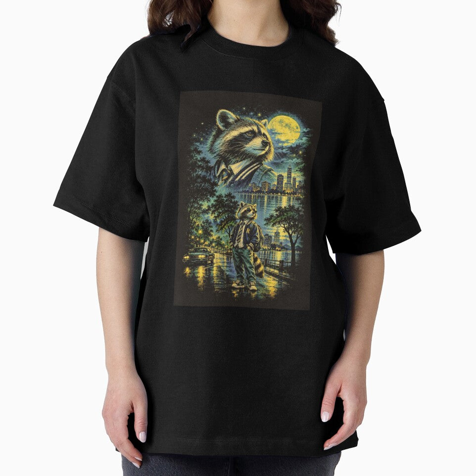 Urban Night Raccoon – Vintage City Lights, Moonlit Street & Varsity Jacket by HOUSE OF TIST