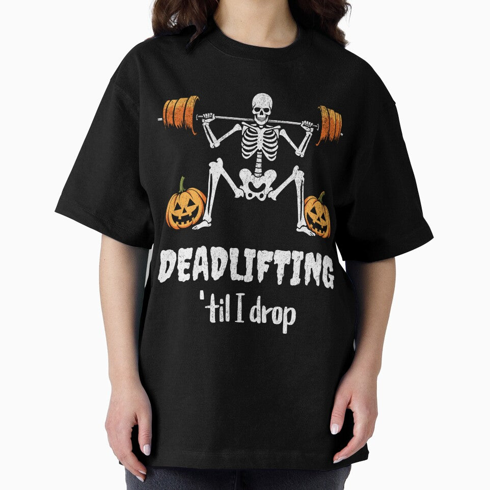 "Deadlifting 'Til I Drop" Funny Skeleton Halloween Workout Artwork by QuirkPrint
