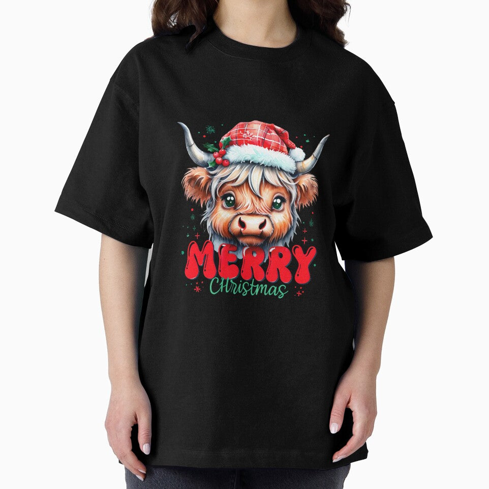 Highland Cow Christmas T-Shirt - Cute Cartoon Heilan Coo Merry Xmas by ArtisticDesignsbyLinda