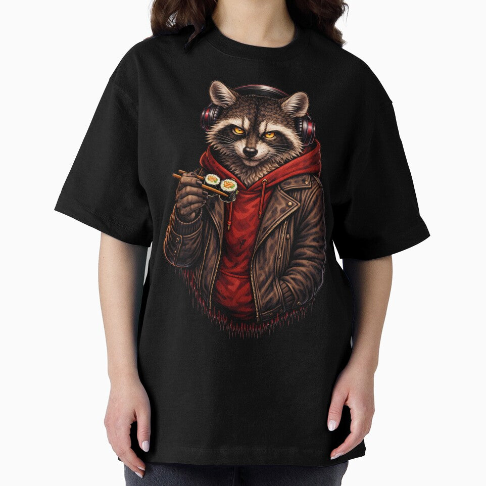 Mischievous Raccoon Eating Sushi – Cool Streetwear Animal Art by ColorSplash123