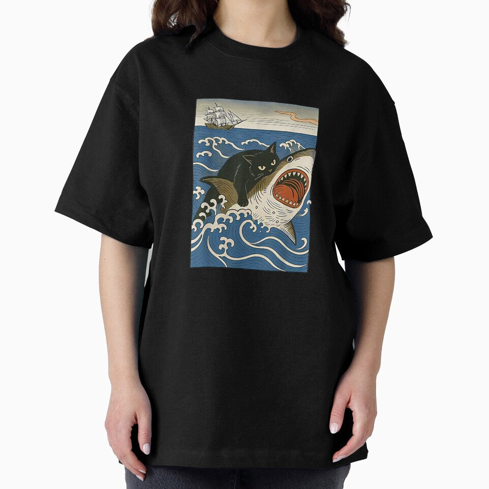 Black Cat Hunting Shark Ukiyo-e Ocean Art Japanese Style Graphic Tee T-Shirt by kevincuellar