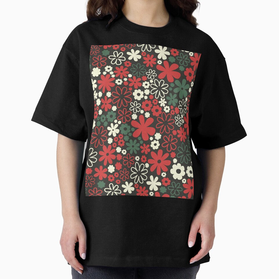 Classic Retro Vintage 50s Dark Christmas Flower Pattern Black Green Cream Red by blomastudios