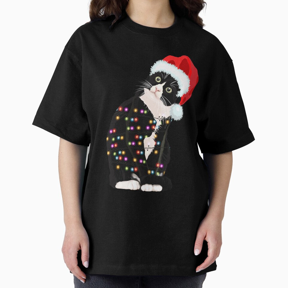 Black Santa Cat Tangled Up In Lights Christmas Santa Illustration by swedtees