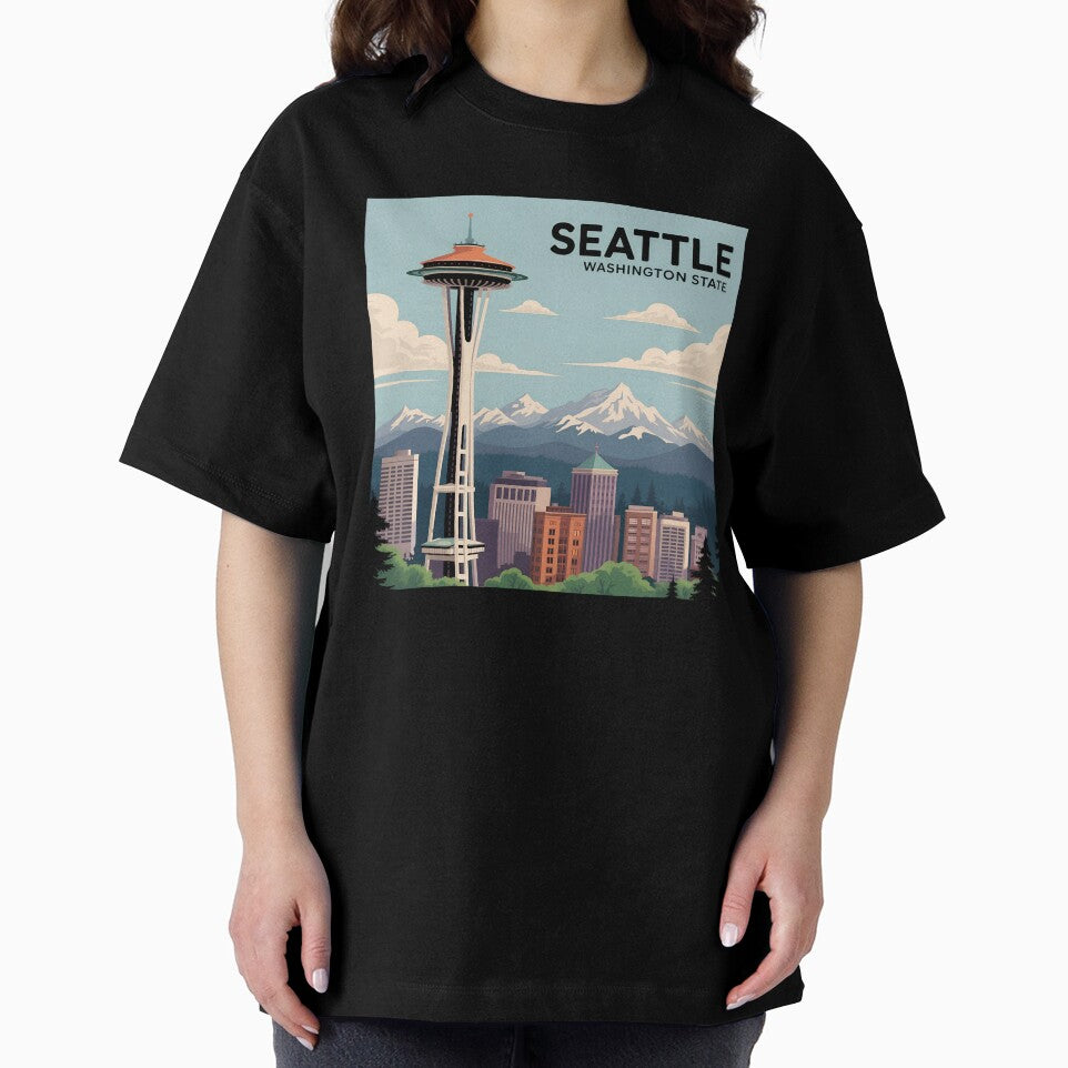 Seattle Skyline Poster – Vintage Travel Style with Space Needle and Mountains by VividOrganica