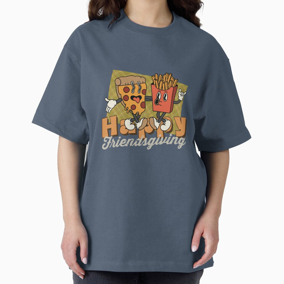 Autumn vibe Happy Friendsgiving Retro Cartoon Pizza and French fries by VieBelieve