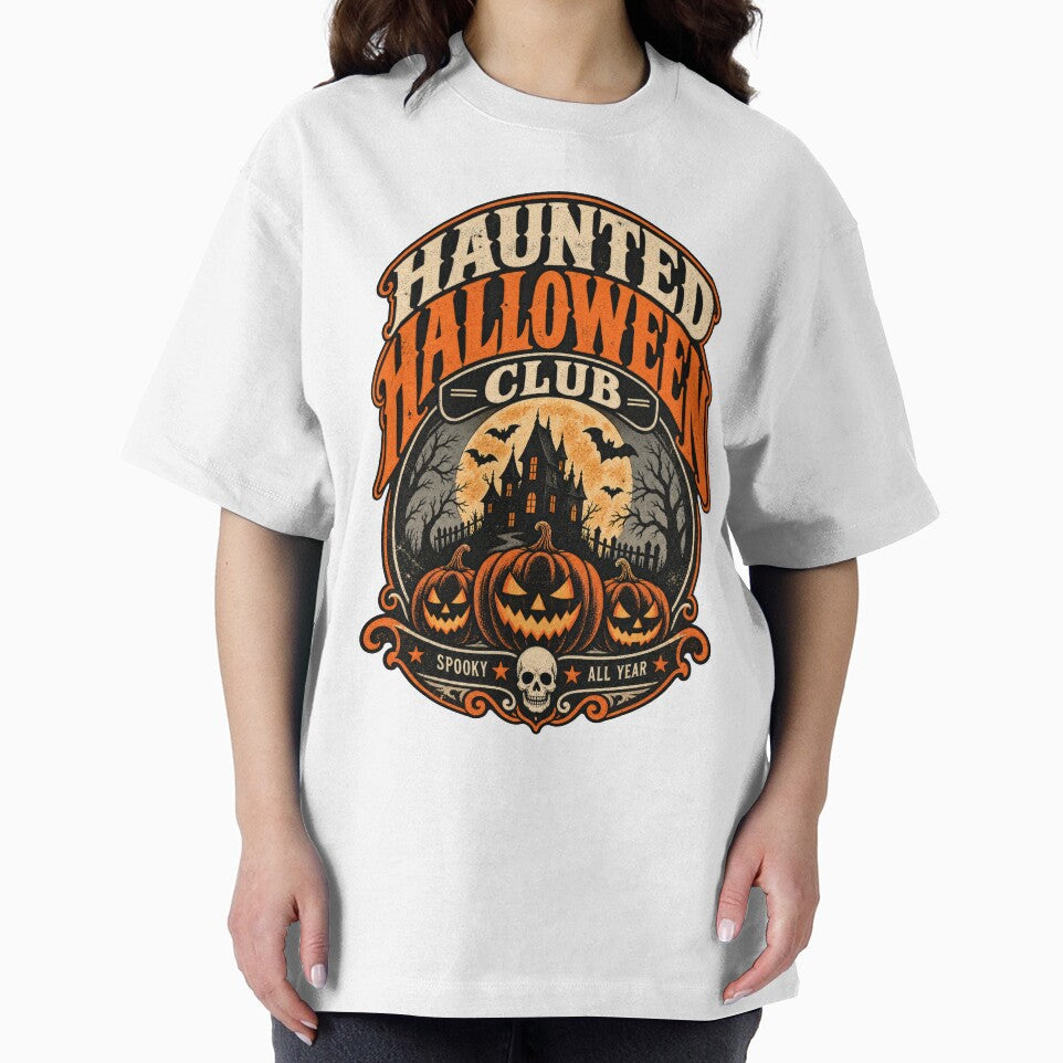 Haunted Halloween Club – Retro Vintage Spooky Haunted House & Jack-O’-Lantern Emblem by RockitBaby