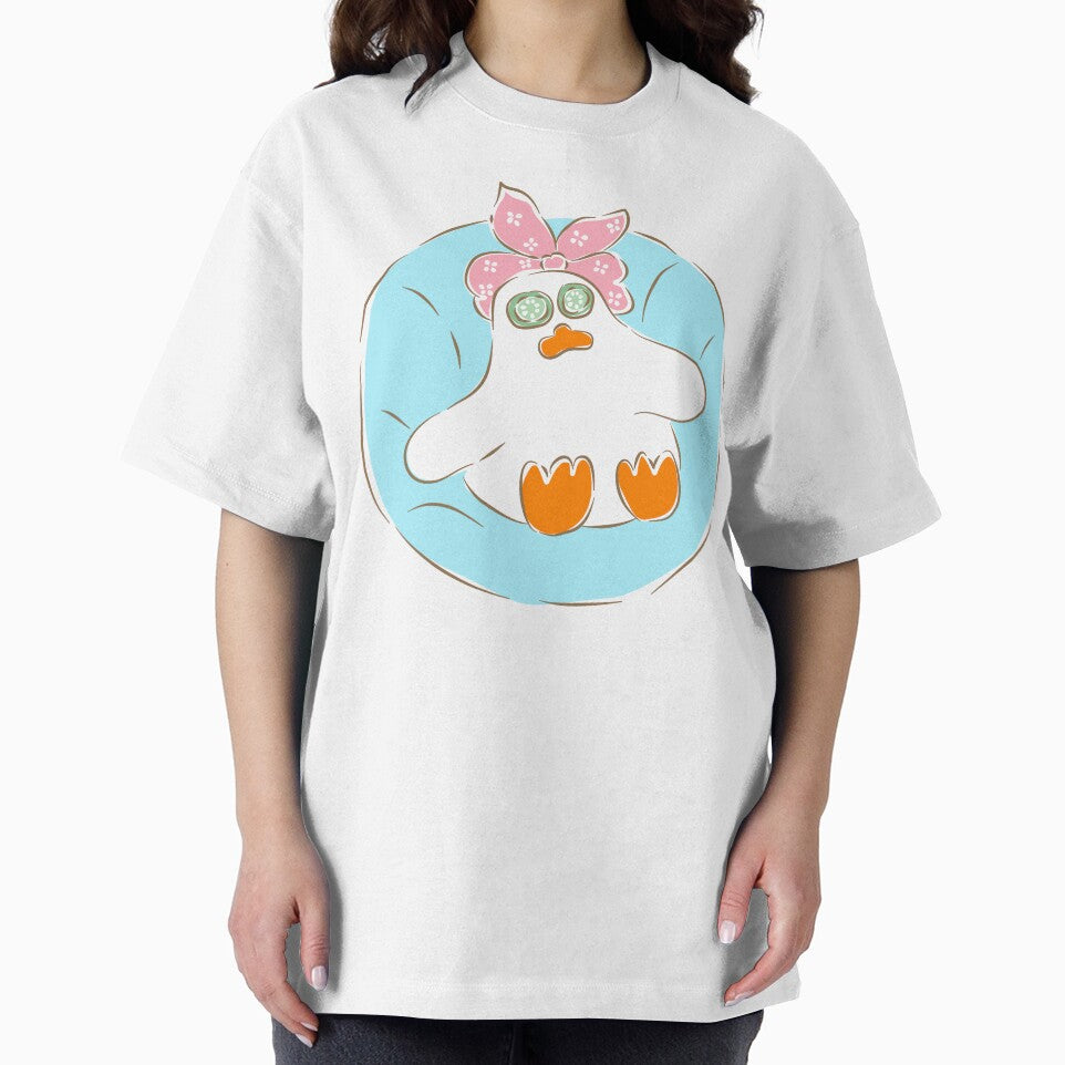Cute white duck relaxing on blue swim ring by Pe.peach