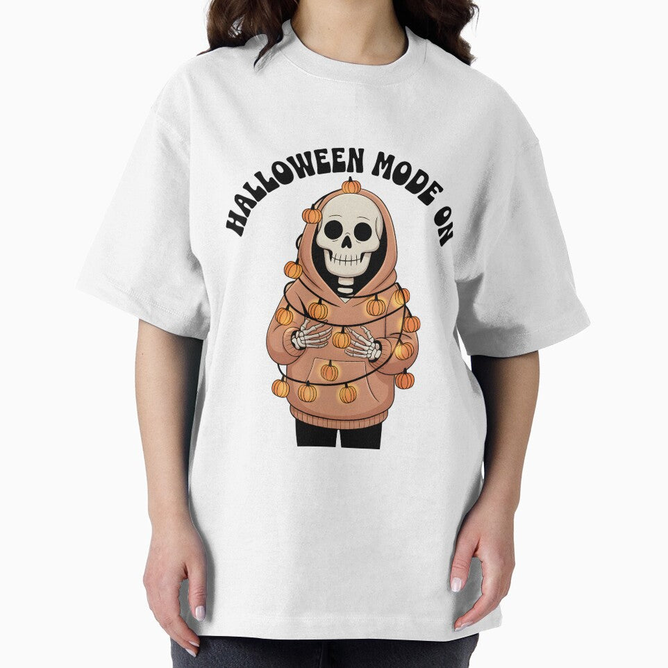 Halloween Mode On Skeleton Wrapped in Lights – Funny Spooky T-Shirt by Raw Tigers