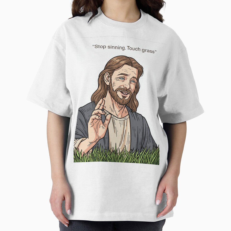Stop Sinning Touch Grass Jesus Looking Down by Piotrek0001