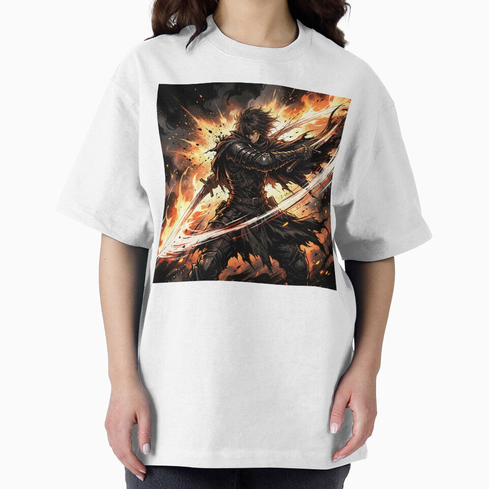 Dark Fantasy Anime Swordsman – Fire Slash Warrior Action Art by AbstractAuraArt