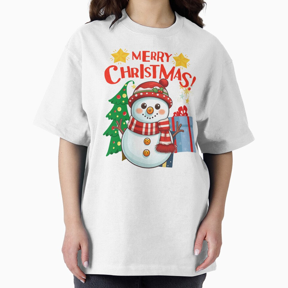 Merry Christmas saying by happy cute snowman cartoon with gift and Christmas tree by RRRcz