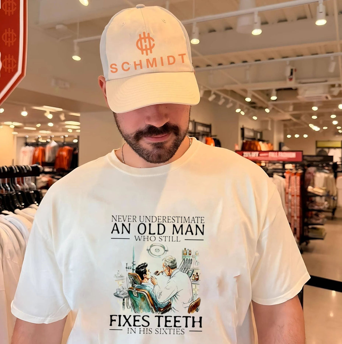 Never underestimate an old man who still fixes teeth in his sixties shirt