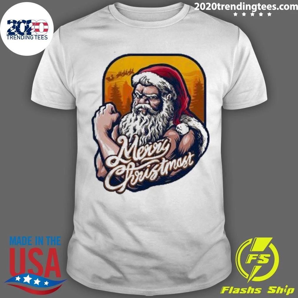 Great Xmas Strong Cool Santa Claus Merry Christmas With Background Tree Shirt