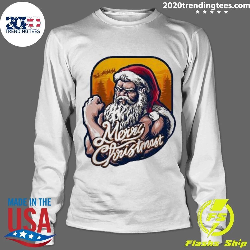 Great Xmas Strong Cool Santa Claus Merry Christmas With Background Tree Shirt
