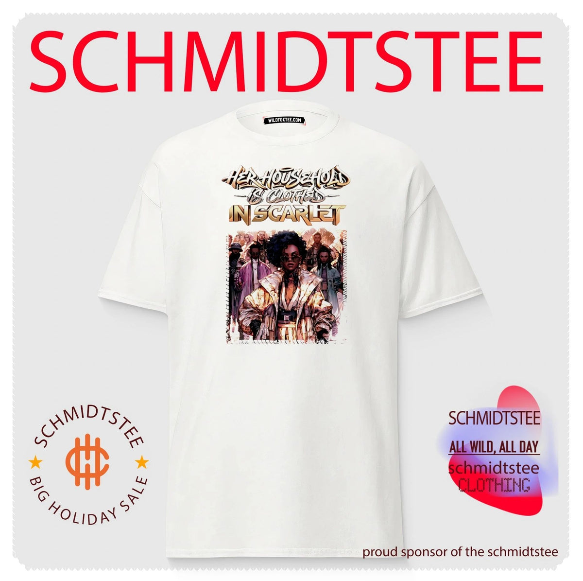 Her household is clothed in scarlet graphic shirt