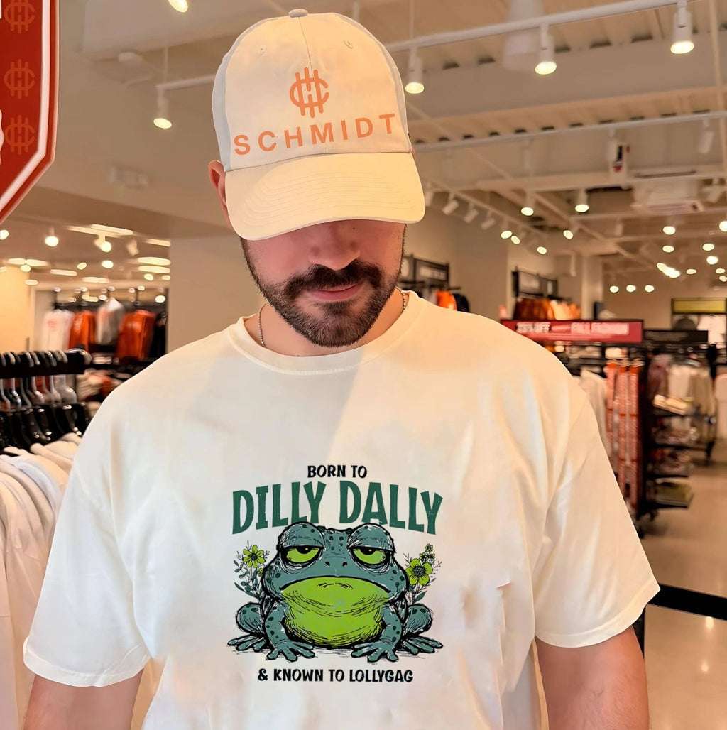 Born to dilly dally and known to lollygag frog cartoon shirt