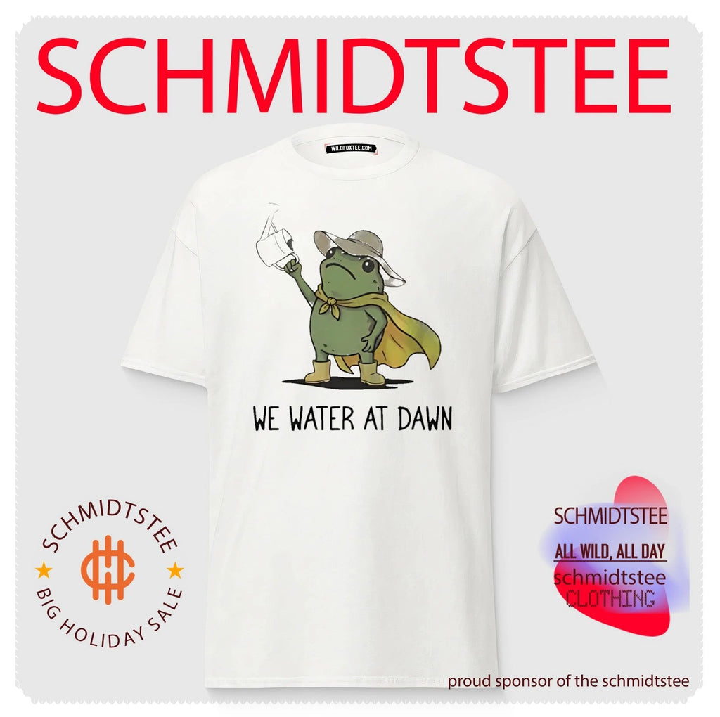 We water at dawn cartoon gardening frog shirt