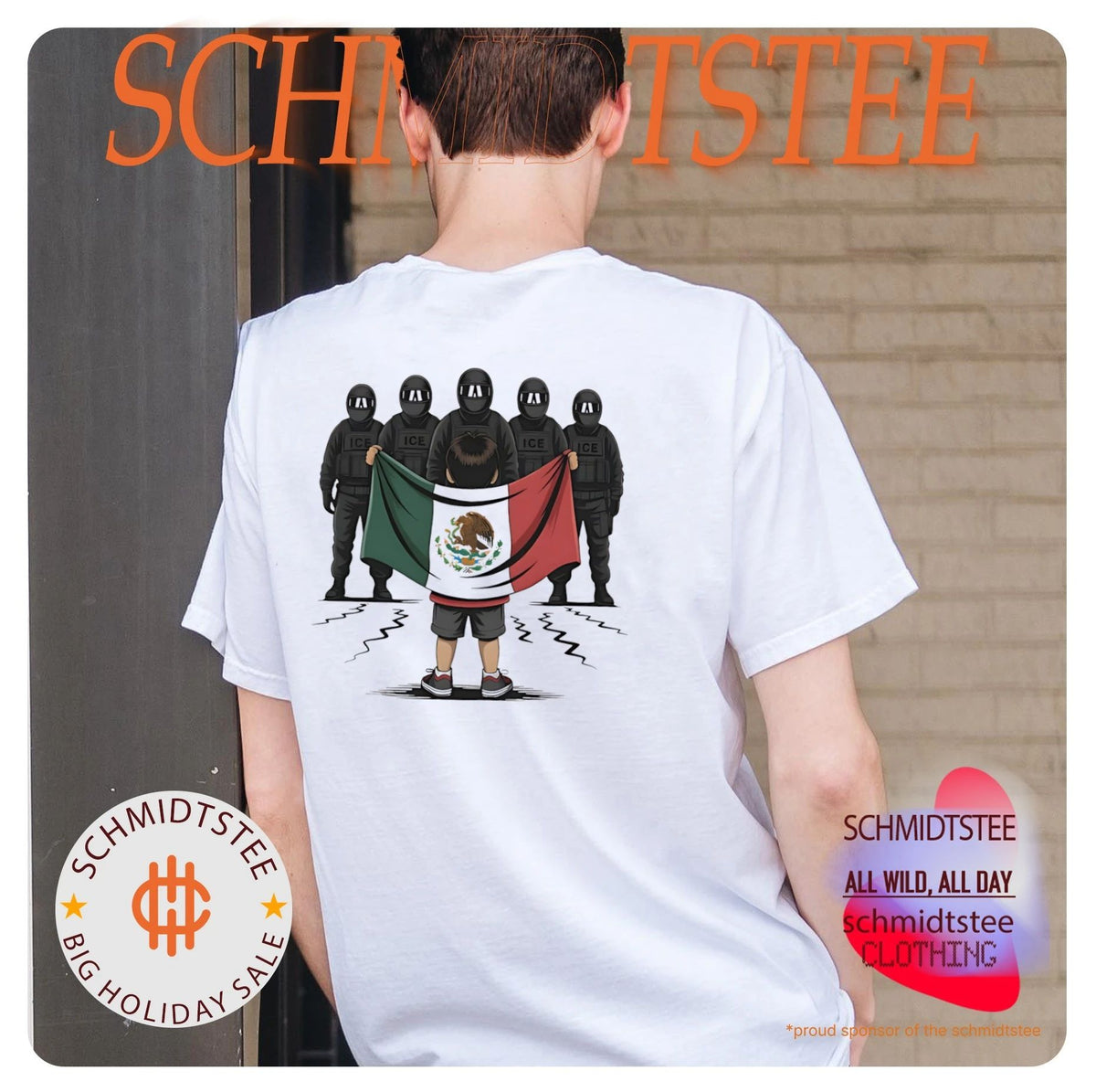 Kid holding Mexican flag in front of tactical law enforcement officers graphic shirt