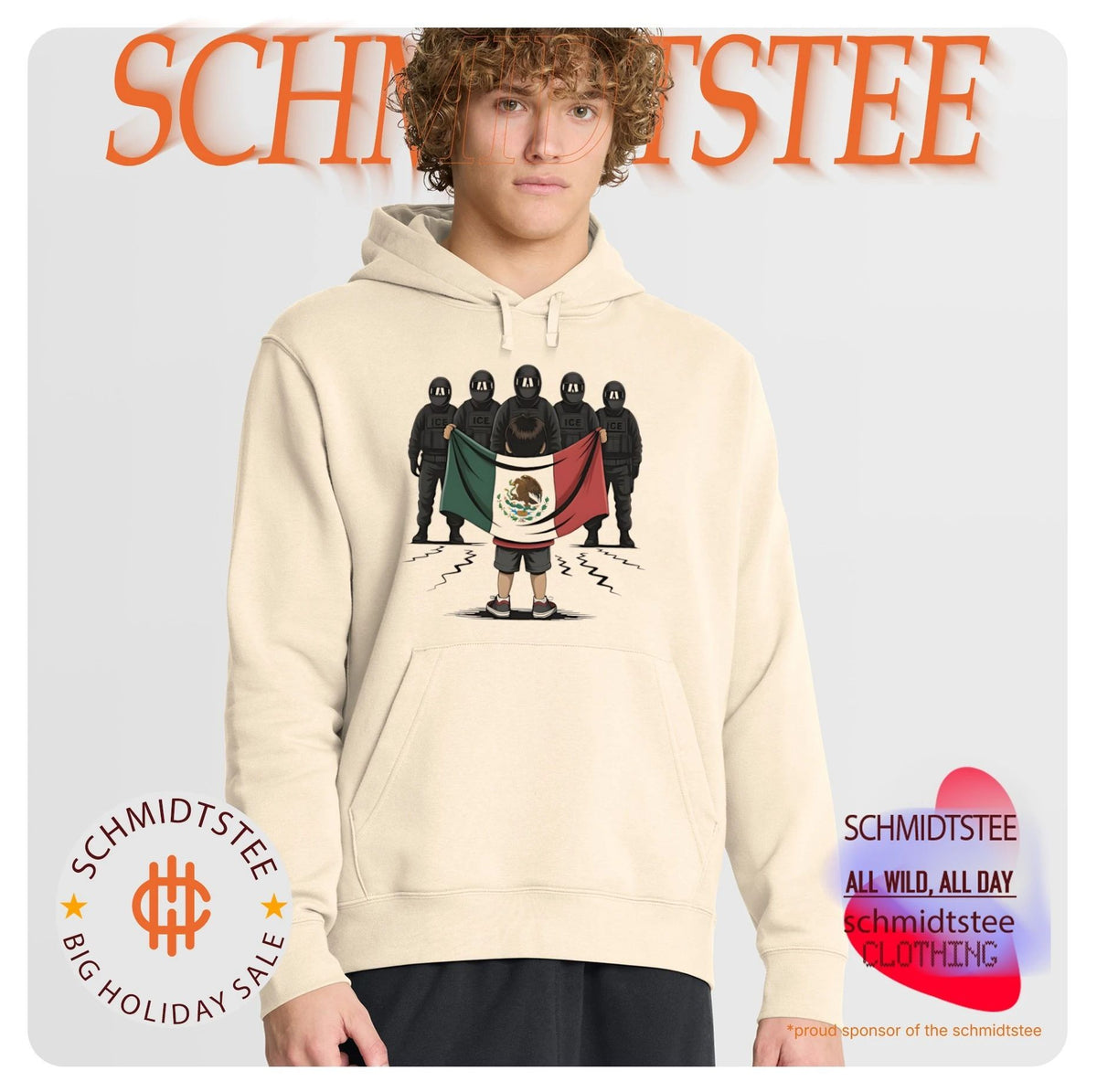 Kid holding Mexican flag in front of tactical law enforcement officers graphic shirt