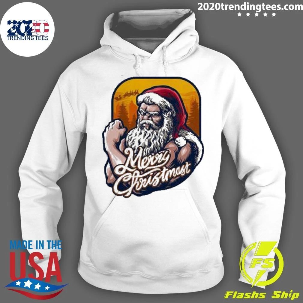 Great Xmas Strong Cool Santa Claus Merry Christmas With Background Tree Shirt