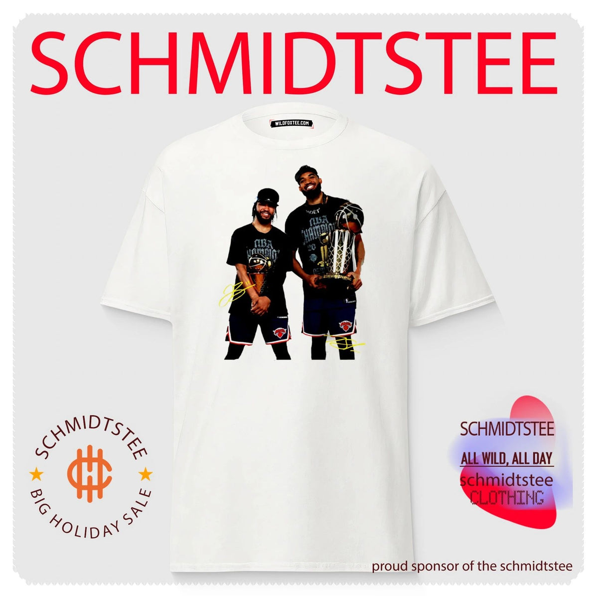 Jalen Brunson And Karl-Anthony Towns 2026 NY Knicks Champions holding trophy signature shirt