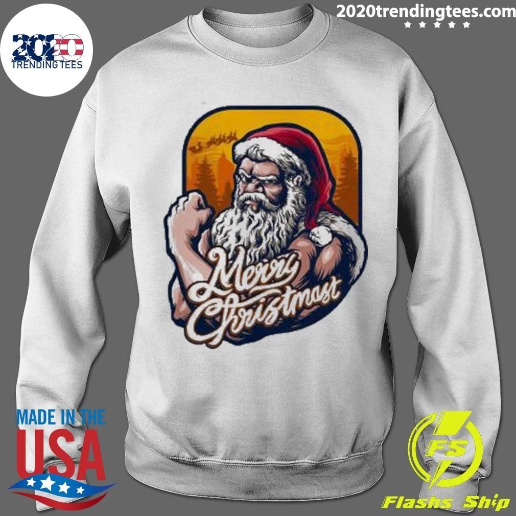 Great Xmas Strong Cool Santa Claus Merry Christmas With Background Tree Shirt
