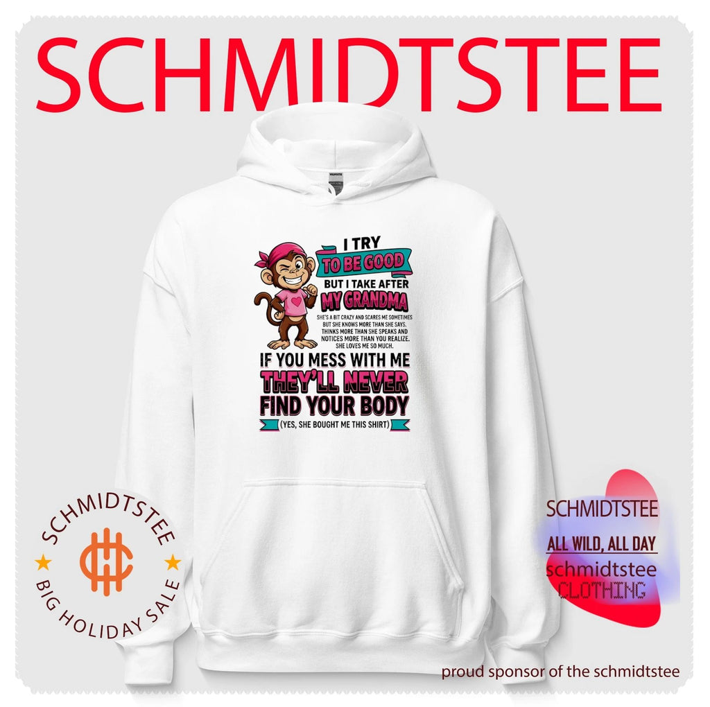 I try to be good but I take after my grandma she’s a bit crazy and scares cartoon monkey shirt