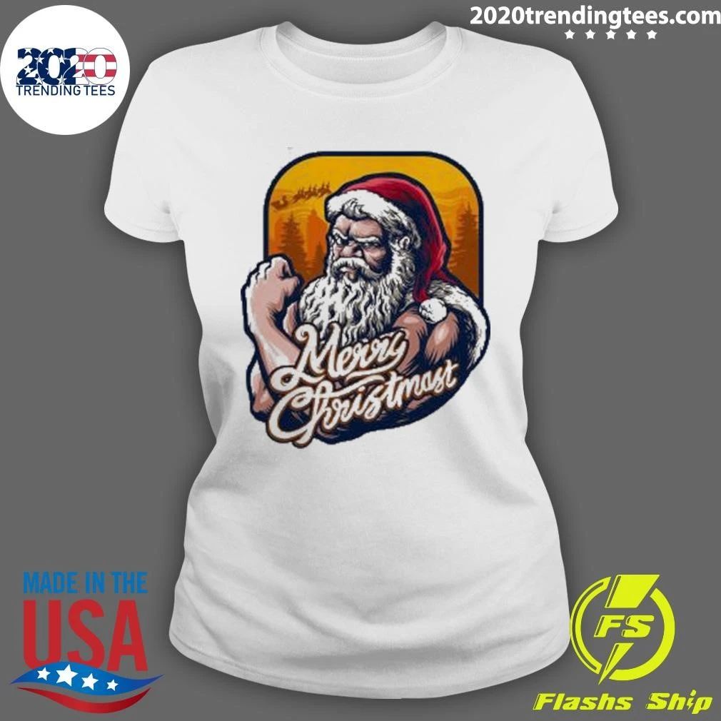 Great Xmas Strong Cool Santa Claus Merry Christmas With Background Tree Shirt