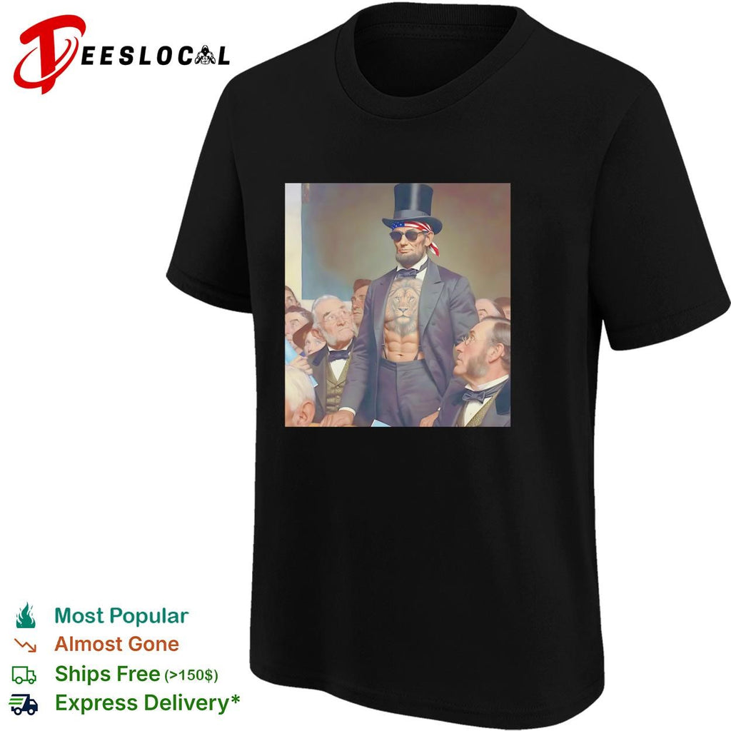 Abraham Lincoln lion chest tattoo top hat and sunglasses portrait graphic shirt